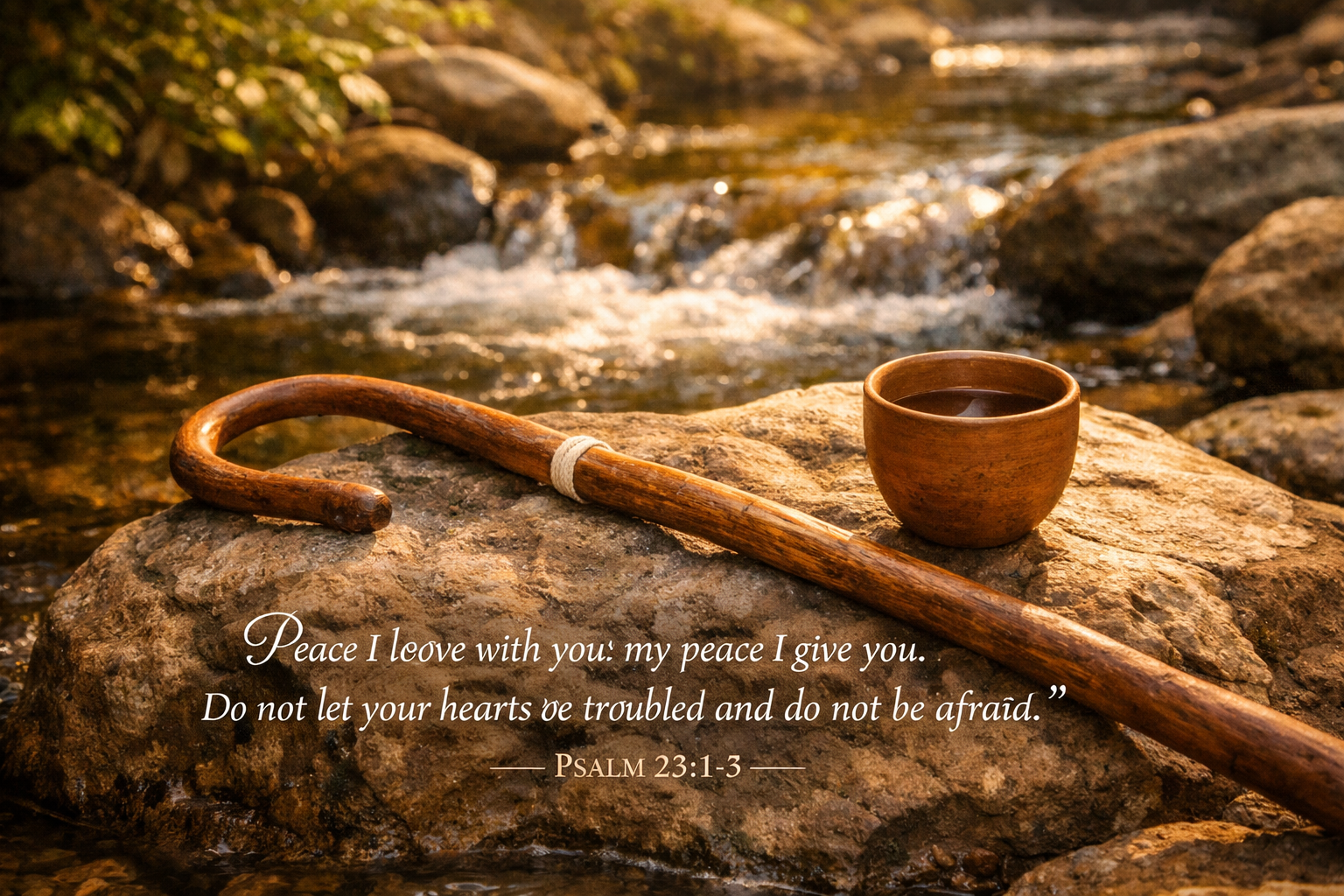 Bible verse wallpaper Psalm 23 with shepherd staff and clay cup on sun-warmed rock beside clear brook